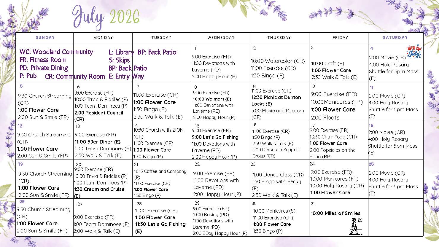 Activities July 2026 Monthly Calendar